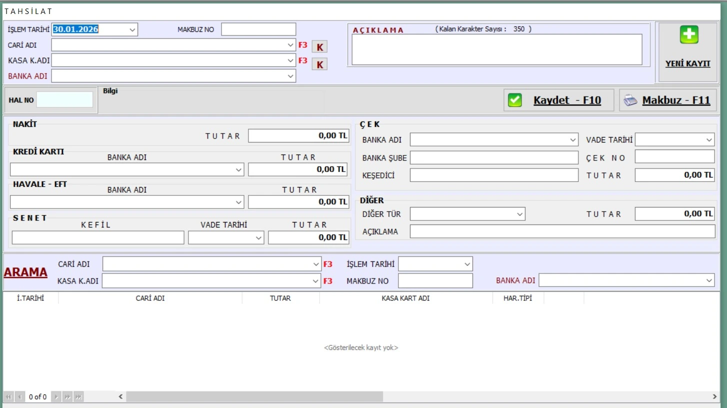 Basit Ön Muhasebe Programı Tahsilat Ekranı